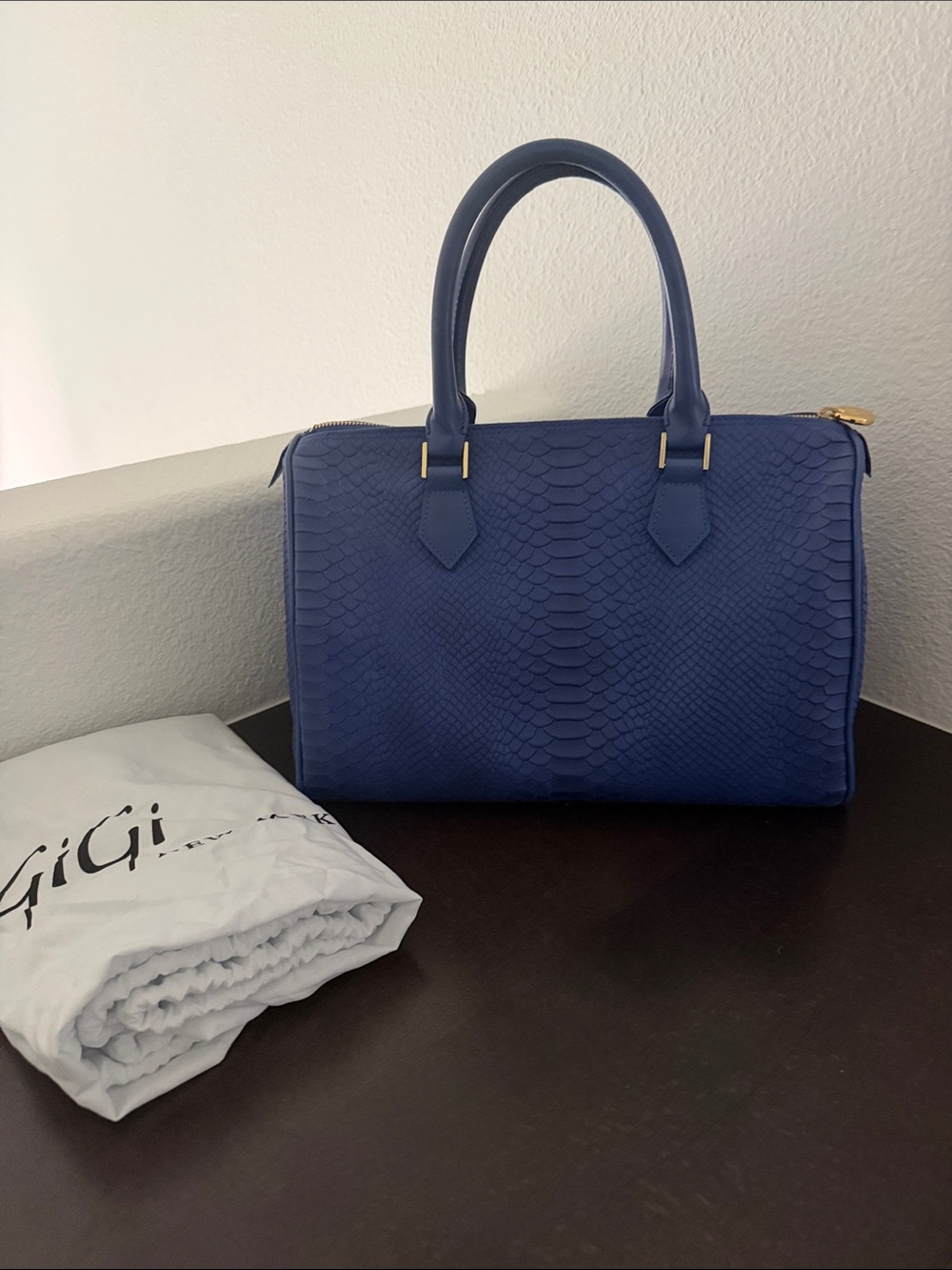 NWOT GiGi New York Blue Leather Snake-Embossed Satchel with Gold Hardware